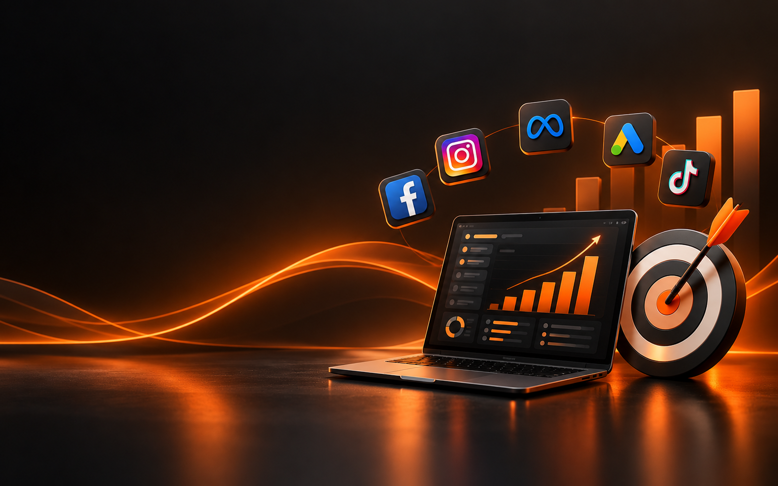 Digital advertising mockup showing a campaign dashboard on a laptop with Facebook, Instagram, Meta, Google Ads and TikTok icons
