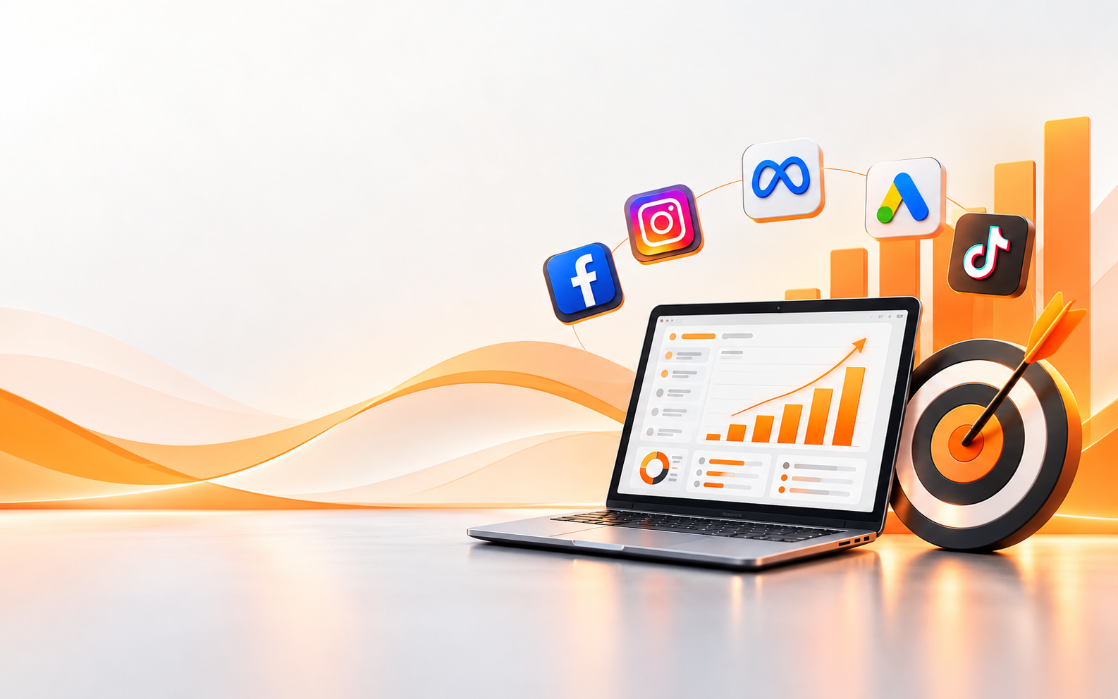 Digital advertising mockup showing a campaign dashboard on a laptop with Facebook, Instagram, Meta, Google Ads and TikTok icons