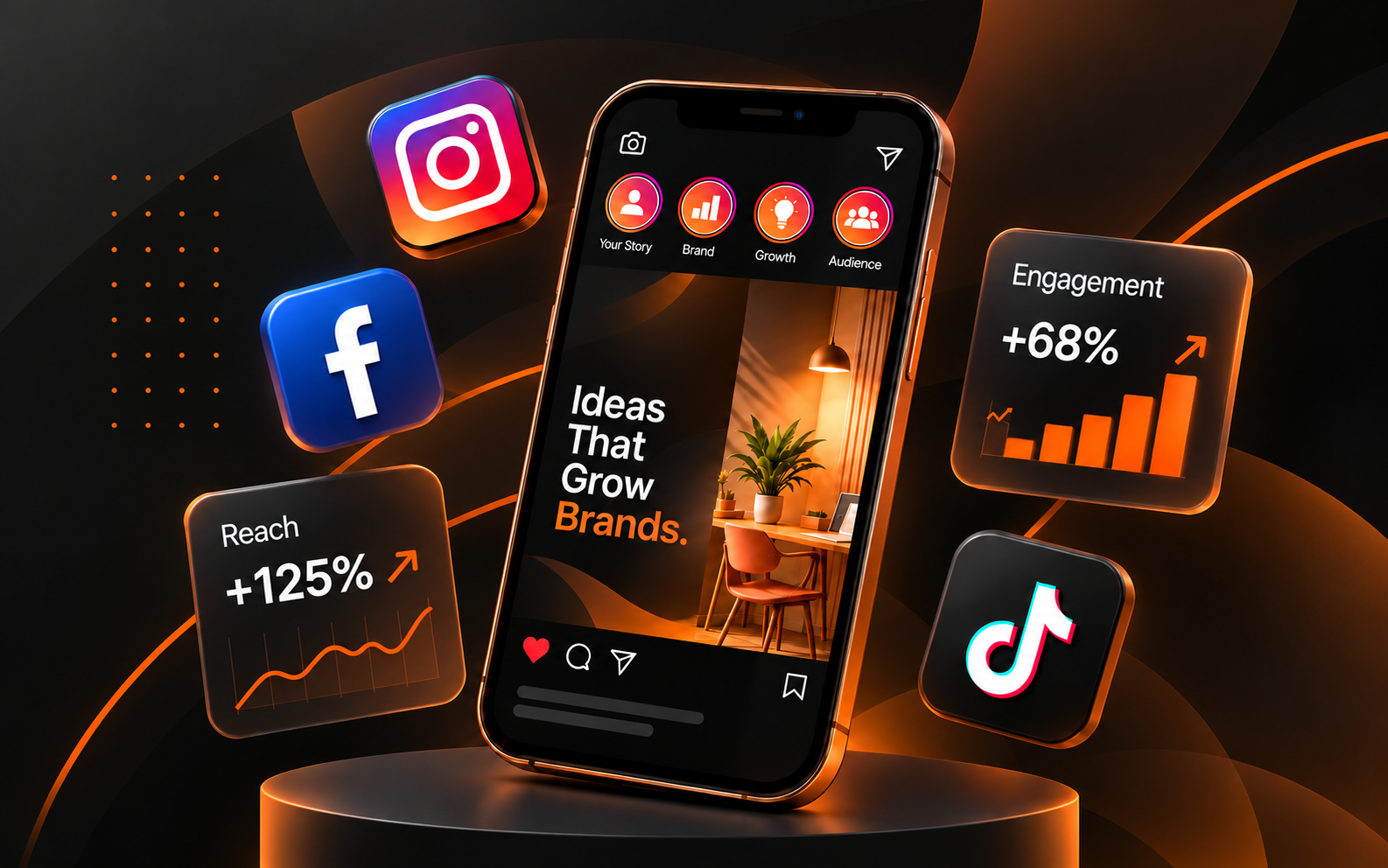 Social media campaign mockup showing a phone with Instagram, Facebook and TikTok growth stats