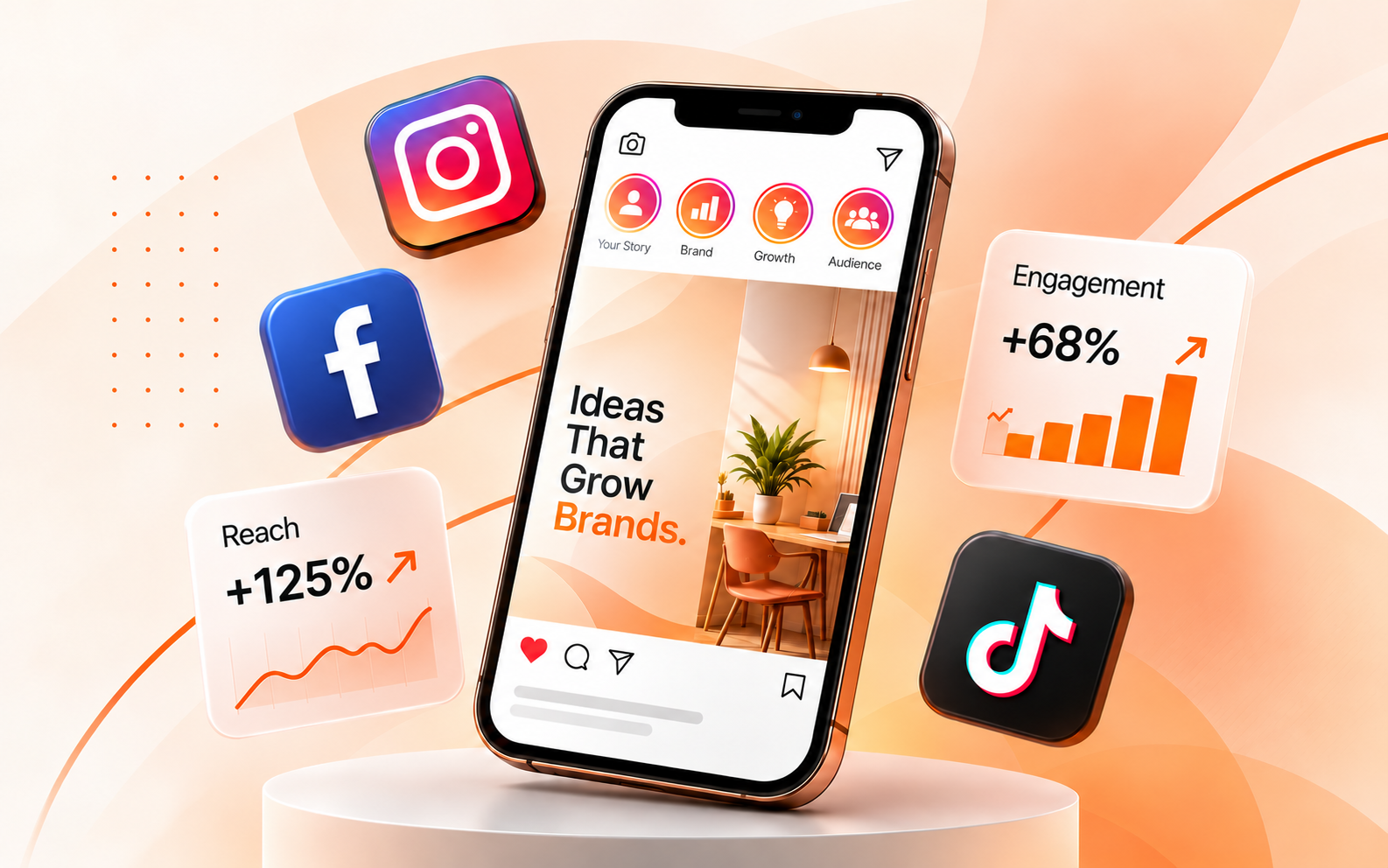 Social media campaign mockup showing a phone with Instagram, Facebook and TikTok growth stats
