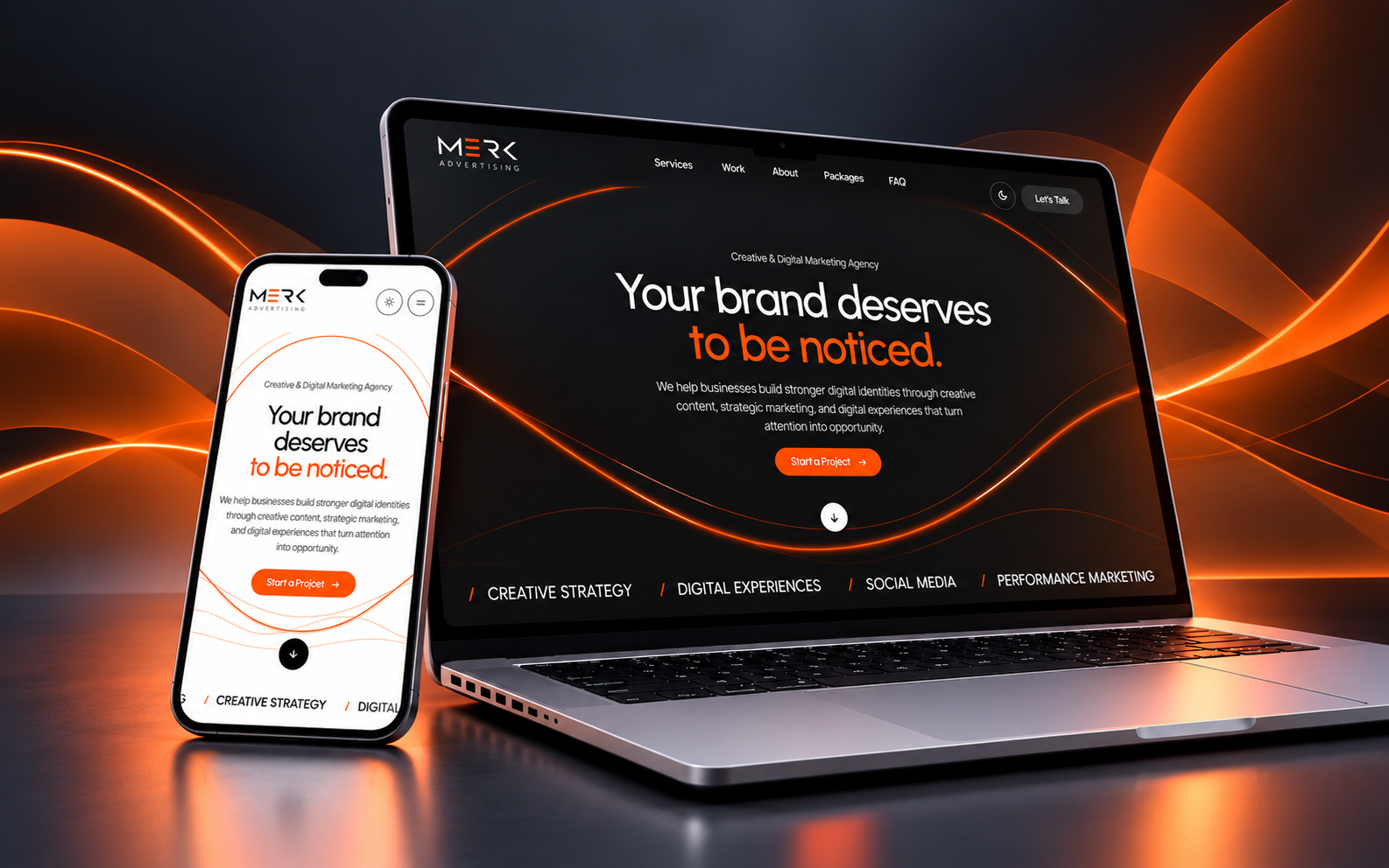 MERK Advertising website shown on a laptop and a phone