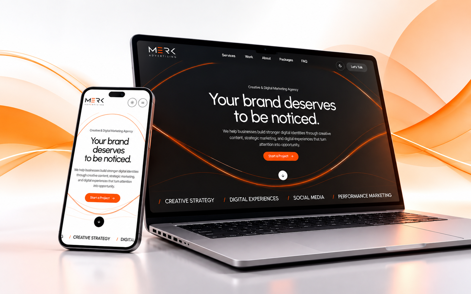 MERK Advertising website shown on a laptop and a phone